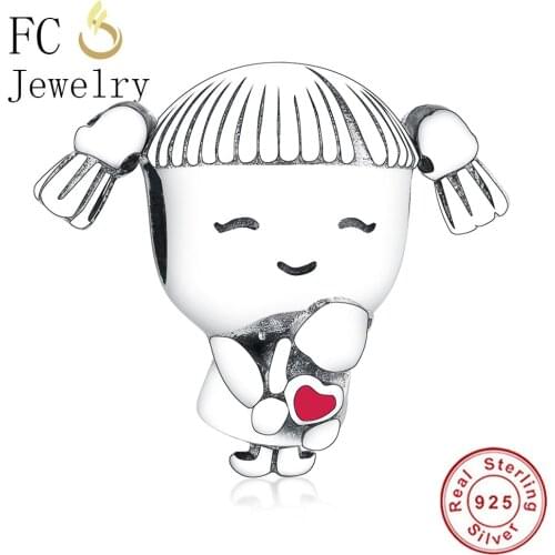 FC Jewelry Fit Original Brand Charm Bracelet 925 Sterling Silver Little Girl Pigtail Hug Red Enamel Heart Bead Making Berloque