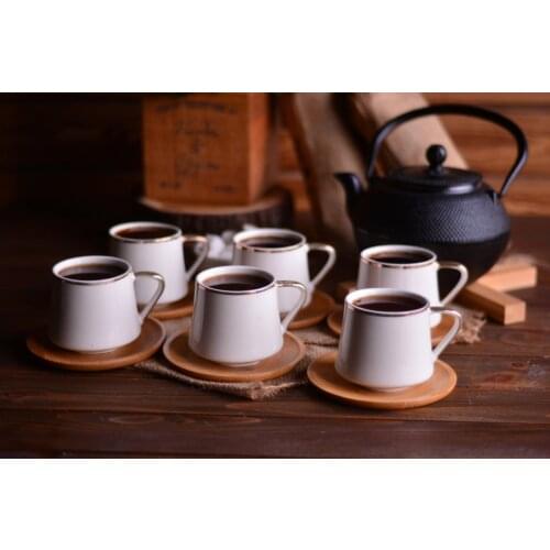 Gato Set of 6 Tea Cups | Porcelain and Gilding Set | Bamboo Saucers | Home-Kitchen | Made in Turkey