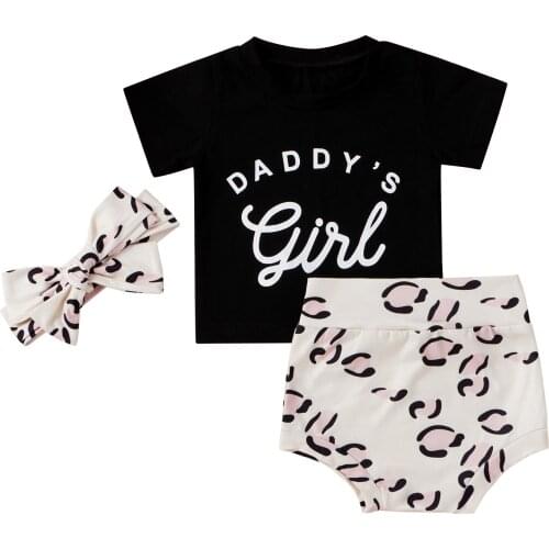 Newborn Baby Girls 3-piece Outfit Set Short Sleeve Letter Print Tops T-shirt+Shorts+Headband Summer Set