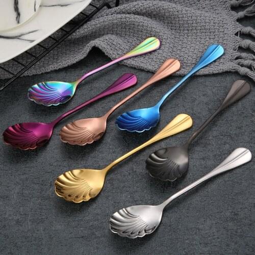 Colorful Simple Stainless Steel Korean Tableware Shell Spoon Coffee Ice Spoon Stir Bar Sugar Dessert Spoons Kitchen Accessory