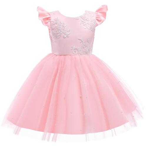 Summer Kids Baby Girls Dress Lace Tulle Cute Pearl Bow Princess Dresses Infant Wedding Birthday Party Costume Tutu Clothing