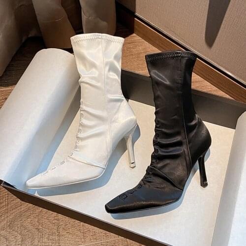 New Letter Embroidered Woman Socks Boots Stiletto Medium Tube Square Toe High-heeled Short Boots Women Spring Autumn Boots