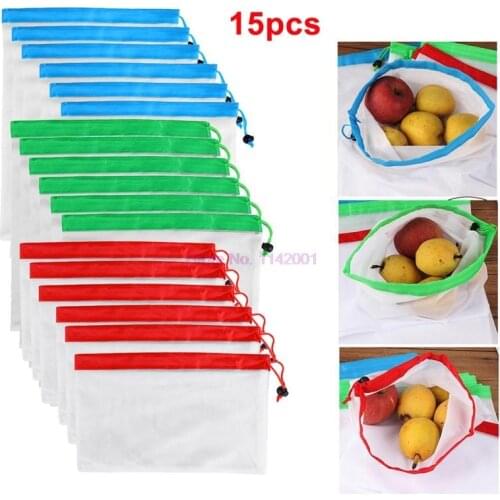 20set 15pcs/set Reusable Mesh Produce Bags Washable Eco-Friend Bag Grocery Storage Fruit Vegetable Toys Organizer Storage Bag