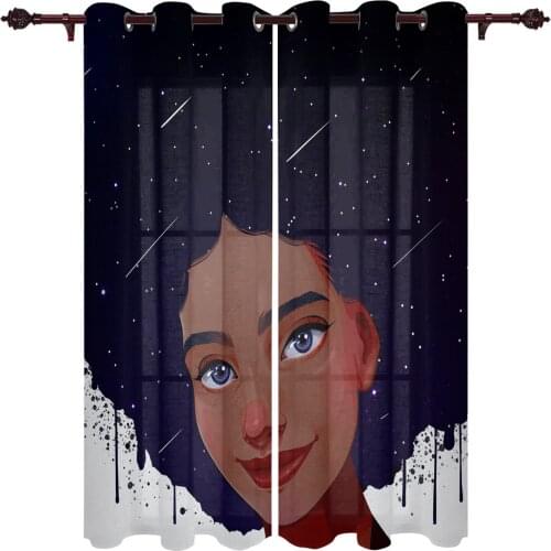 Outdoor Curtains Black Girl Starry Sky Living Room Kitchen Curtain Drape For Patio Garden Gazebo Yard Valance Cutains