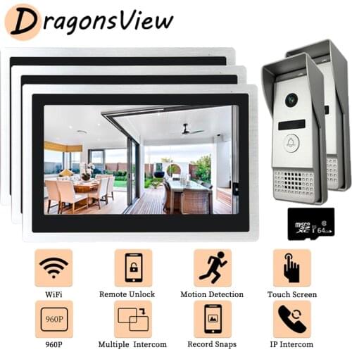 DragonsView Smart Wifi Video Intercom Multiple System 3 Monitors 2 Doorbell With Cameras 960P