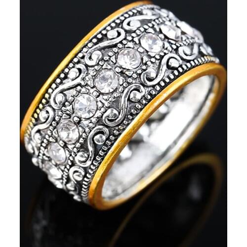 Vintage Two Tone Vine and Leaves Engraved White Stone Band Ring For Women Men Punk Gothic Party Retro Jewelry Gift G4M855