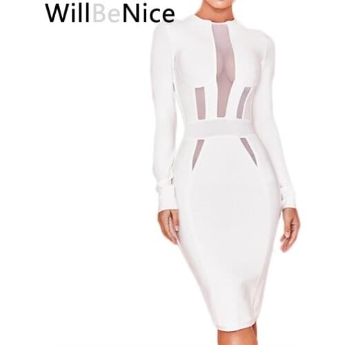 WillBeNice 2019 Winter Sexy Women White Long Sleeve Elegant Mid-Calf Bodycon Dress Celebrity Party Dresses Hollow Out Vestidos