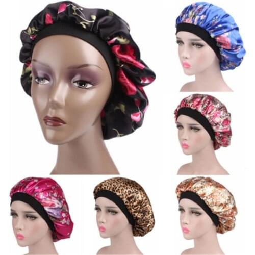 Hot Women Ladies Floral Printed Elastic Wide Silk Satin Sleep Cap Hat Band Bonnet Bathing Shower Hair Care Wrap 2019 New