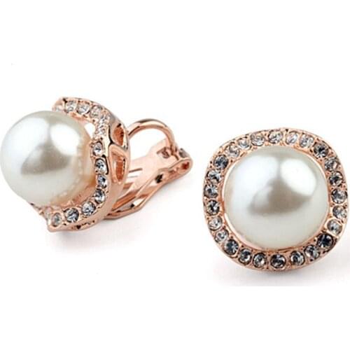 Simulated pearl clip on earrings for women, fashion rose gold color clips earrings without pierced crystal earcuff jewelry