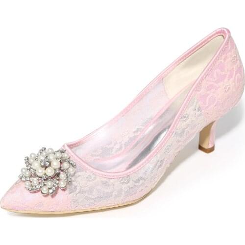 Creativesugar Elegant pointed toe lady see through mesh lace with pearl crystal kitten heels slip on pumps evening dress shoes