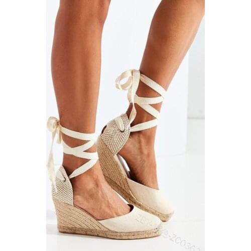 Velvet Shoes 2021 Summer Female Sandal Large Size Cross-Shoes Strappy Heels Clogs Wedge Espadrilles Platform Suede Girls Beige B