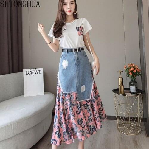 2020 Summer Women two piece set Casual O-Neck Tops + Denim Patchwork Chiffon Print Hem Belt Pocket Suit Office Lady 2 Piece Set