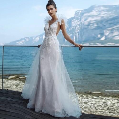 Tulle V-Neck Mermaid Wedding Dresses 2021 Ruffles Sleeveless Lace Appliques Beach Bridal Gown Sweep Train Open Back Custom Made