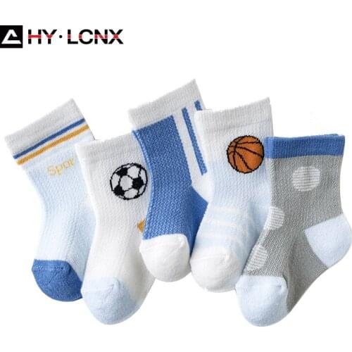 5 Pairs/Lot Fashion Baby Socks Cotton Babies Sock Newborn Infant Cute Cartoon Football Breathable Mesh Boy Girl Kids Clothes