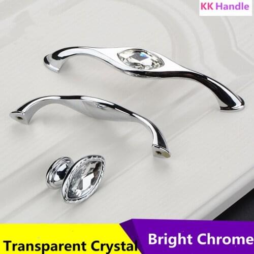 96mm 128mm Modern Simple Fashion Glass Crystal Kitchen Cabinet Cupboard Door Handle Shiny Silver Drawer Shoe Cabinet Knob Pull