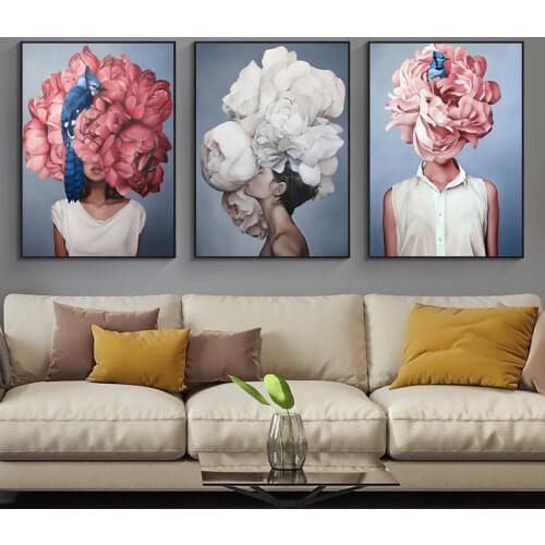Flowers Feathers Woman Abstract Canvas Painting Wall Art Print Poster Picture Decorative Painting Living Room Home Decoration