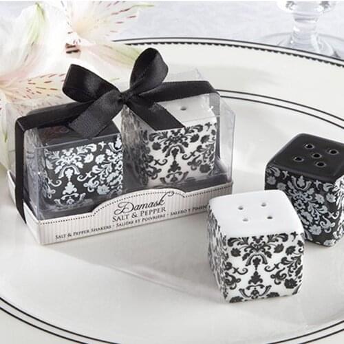 Free shipping 16sets/lot=32pcs/lot wedding favor Black and White Damask Ceramic Salt and Pepper Shakers bridal shower