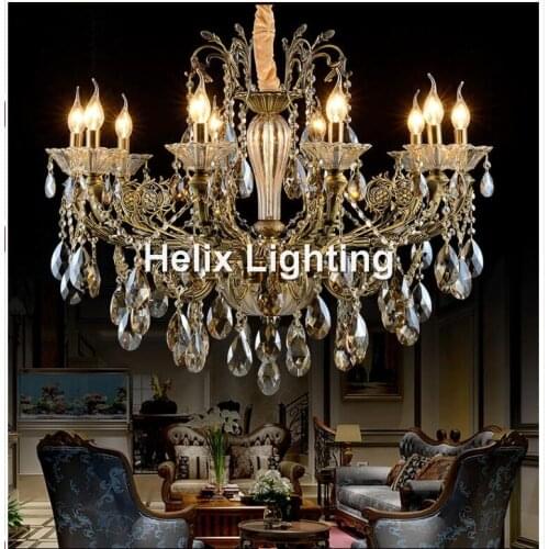 Free Shipping Brass Finished Antique Crystal Chandelier Lingting Luxurious AC LED Brass Crystal Lamp Lustre Suspension Lighting