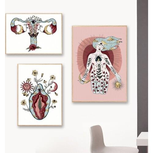 Sun And Moon Goddess Art Print Boho Feminist Poster Woman Uterus Ovary Vulva Vagina Canvas Picture Doctor Office Room Wall Decor