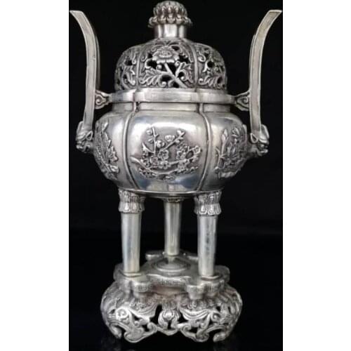 China White copper beast ear plum blossom Incense burner crafts statue