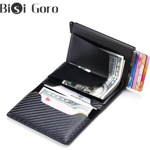 BISI GORO Rfid Blocking Men Wallet Vintage PU Leather Anti-theft Money Bag Credit Slim Card Holder Aluminum Purse Mini Wallet