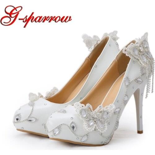 Leather High Heels White Wedding Shoes with Butterfly Crystal Bride Dress Shoes 11cm High Heel Platform Court Shoes Plus Size 43