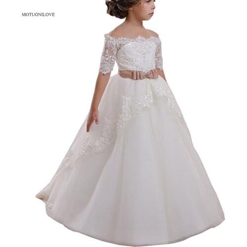 Boat Neck Half Sleeves Lace Sequined Little Bride Wedding Holy Dress Bow Tie Belt Flower Girl Dresses Prom Vestidos for Girls