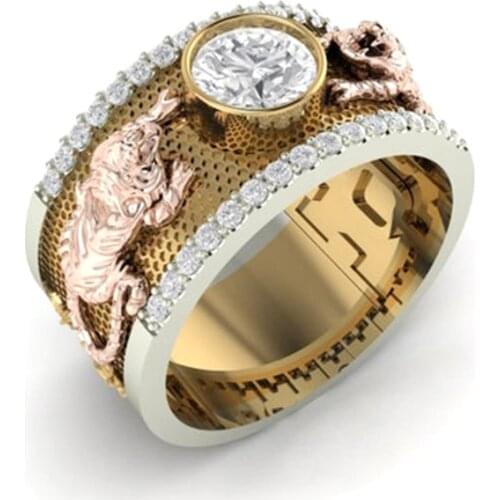 Fashion Men Gold Color Tiger Ring Classic Vintage Stone Crystal Engagement Ring Jewelry Accessories for Men Party Best Gift