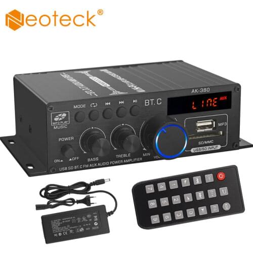 Neoteck AK-380 Mini Audio Power Amplifier 2.0 CH Bluetooth-Compatible Amplifier Bass Treble Control With Remote Contorl For Car
