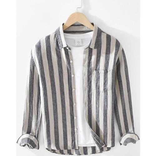 2021 New design long-sleeved retro crumpled pure linen shirt men casual stripe gray shirts men brand trendy comfortable camisa