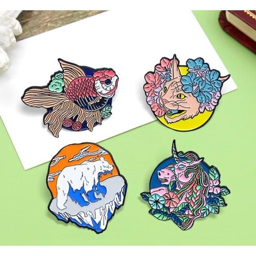 New Cat Fish Horse Polar bear Flowers Brooches Custom Hairless cat Goldfish Pegasus Bear Enamel pins Animal Badge Jewelry Gift
