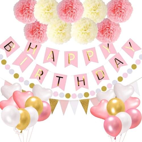 New Birthday Party Supplies Decor Kit Pompom Flower Happy Birthday Banner Flags Banner Polka Dot Garland Latex Balloons