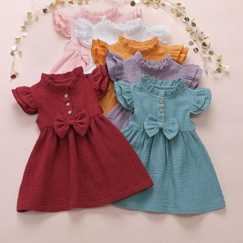 Girl Clothes Summer Ruffle Shoulder Sleeve Vests Style Bow Cotton Linens Casual Solid Single-Breasted Dress 6Months To 5Years