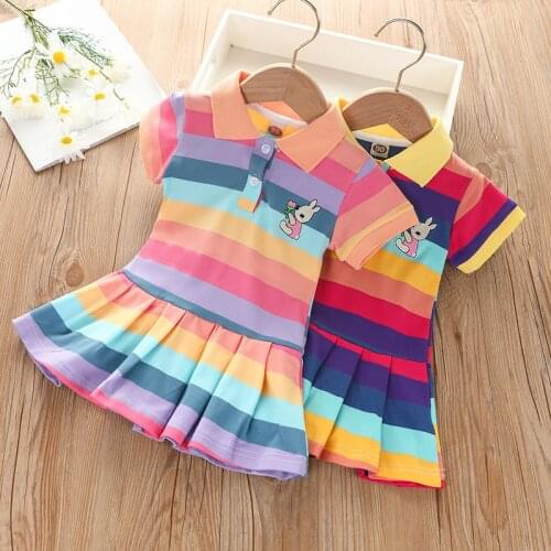 1 2 3 4 5 6 Year Girls Dress Rainbow Striped Rabbit Embroidery Kids School Clothes 2021 New Summer Toddler Children Outfits