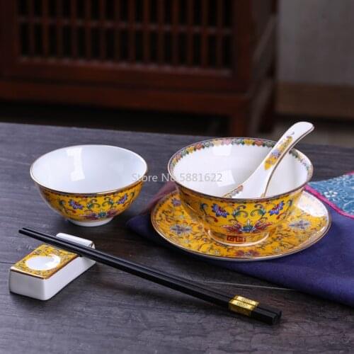 6pcs Tableware Set Ceramic Bowl Dishes Chinese Soup Bowls Bone China Food Container Dinner Plate Art Bowl Chopsticks Spoon Gifts