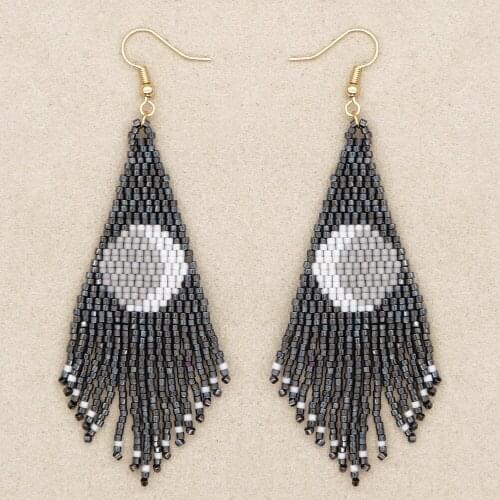 Handmade Miyuki Rice Beads Woven Retro Black Star and Moon Long Tassel Earrings for Women Earrings with Motifs Gifts for Women
