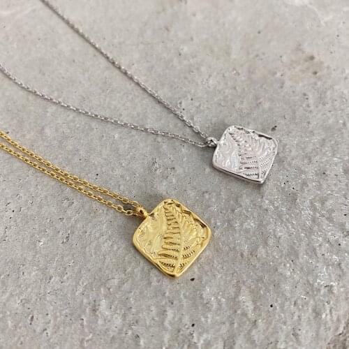 18K Gold 100% Authentic 925 Sterling silver Leaf Branch Texture Square Coin Pendant Necklace Jewelry TLX2195