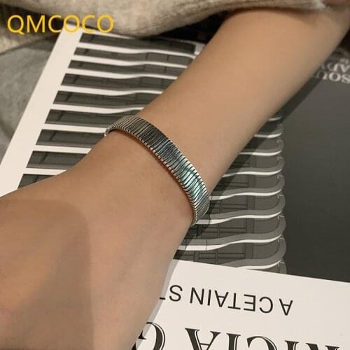 QMCOCO 925 Silver Charm Brcacelet Bangles For Women Summer New Style Vintage Handmade Stripe Geometric Party Jewelry Gifts