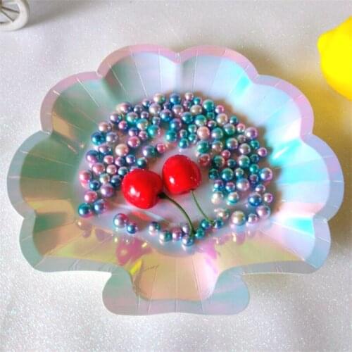 6Pcs Iridescent Sparkle Shell Paper Plates Dish 9" Mermaid Theme Festival For Wedding Birthday Party Decor Kids Supplies