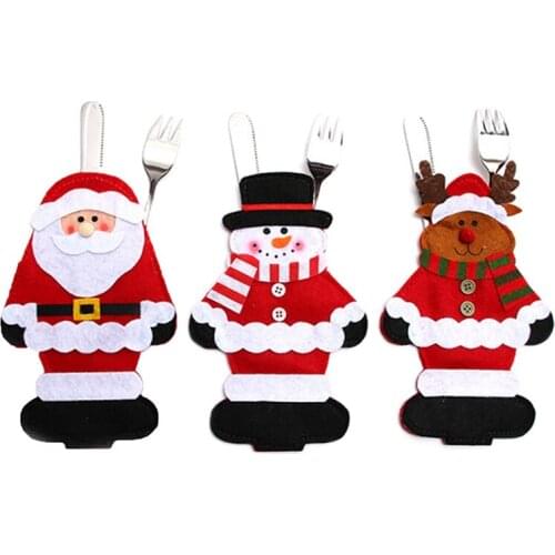 Christmas Knife Fork Pocket Non-woven Santa Claus Elk Snowman Cutlery Bag Cover for Xmas Dinner Table Decorations