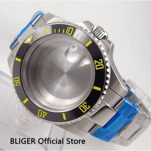 Sapphire Crystal BLIGER 40mm Black Ceramic Bezel Yellow Marks Stainless Steel Watch Case+Bracelet Fit For ETA 2836 Movement