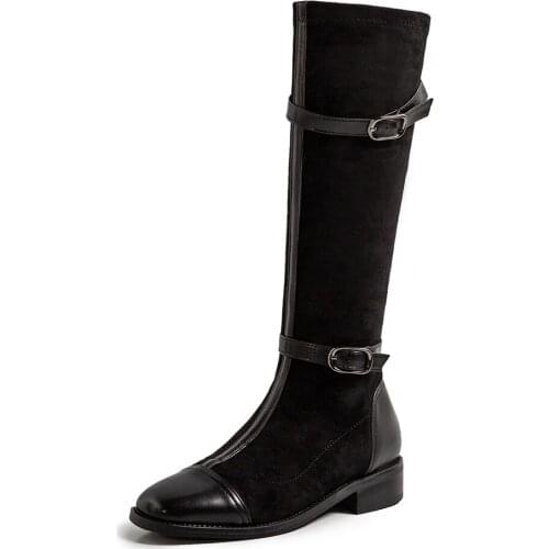 Square Toe Thick Heel Belt Buckle Fashion All-Match Knee-Length Boots Leather Velvet Stitching Microfiber Simple Knight Boots