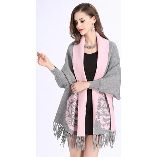 SC143 2019 Oversize Double Side Scarf Winter Knitted Floral Poncho Women Print Designer Female Long Sleeves Wrap Two Color Shawl