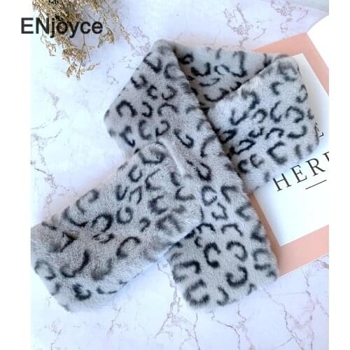 Winter New Korean Style Warm Decorative Thicken Leopard Print Cross Scarf Faux Rabbit Fur Collar Scarves for Women