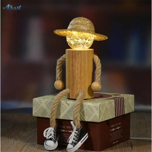 LED Cute Wood Puppet Night Lights Children Room Home Bedside Hemp Straw Hat Lights Christmas Decor Gifts Night Lamps Fixtures