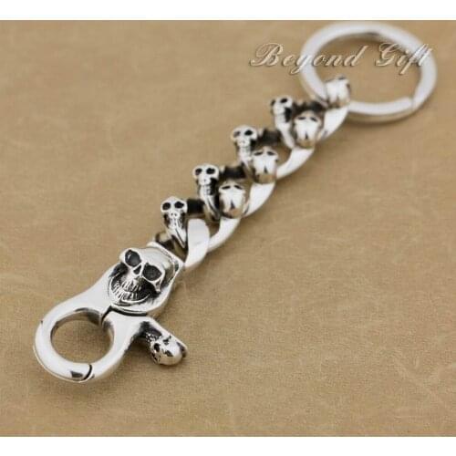 Unique 925 Sterling Silver Skulls KeyRing Mens Biker Keychain 9N005KC