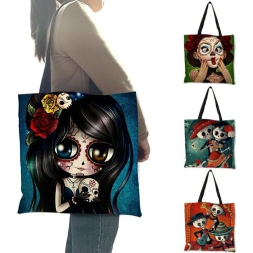 Unique Sugar Skull Print Tote Bags For Women Traveling Shopping Bags Lady Printed Handbags Dropshipping