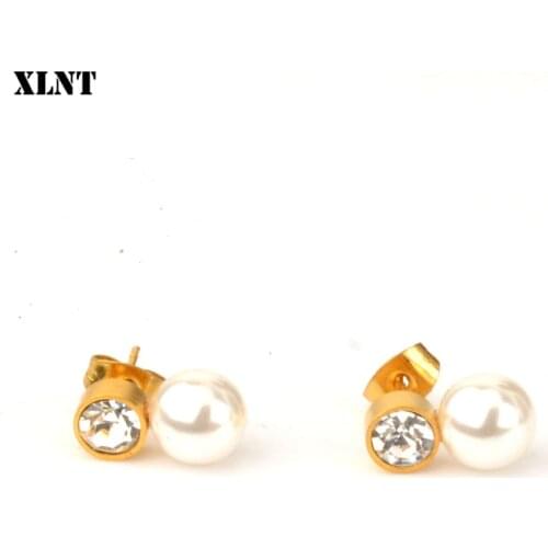 XLNT Korea Design Metal Gold Geometric Simulated Circle Pearl Crystal Stud Earrings for Women Girl Gift