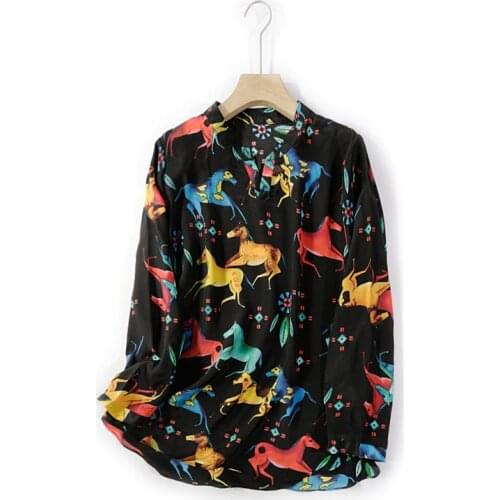 Women Summer 100% Natural Silk Blouse Real Silk Long Sleeve Basic Shirt office wear Horse print Top Shirt Silk Blouses for Women