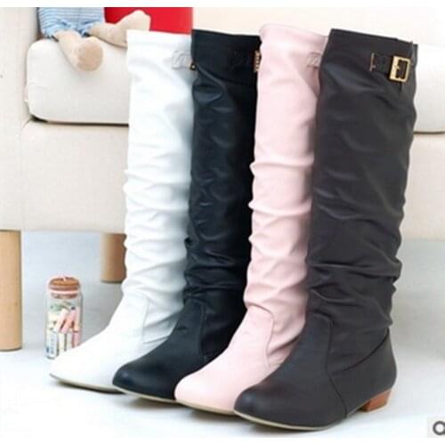 Ladies Maximum Buckle Sewing Velvet Accurate Size 43 44 Knee Long Motorcycle Low Heels Wedges Boots Women Shoes Round Toe Pumps